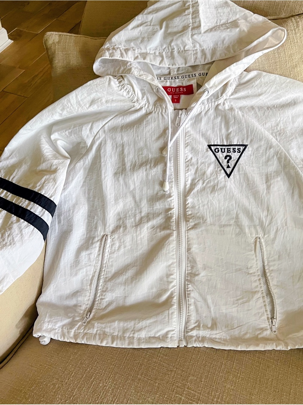 GUESS White Hooded Women’s Windbreaker with Black Stripe Sleeves